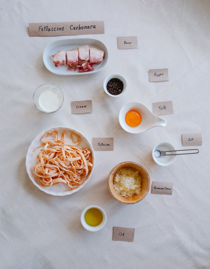 Services Flat lay of fettuccine carbonara ingredients including bacon, cream, and Parmesan cheese.